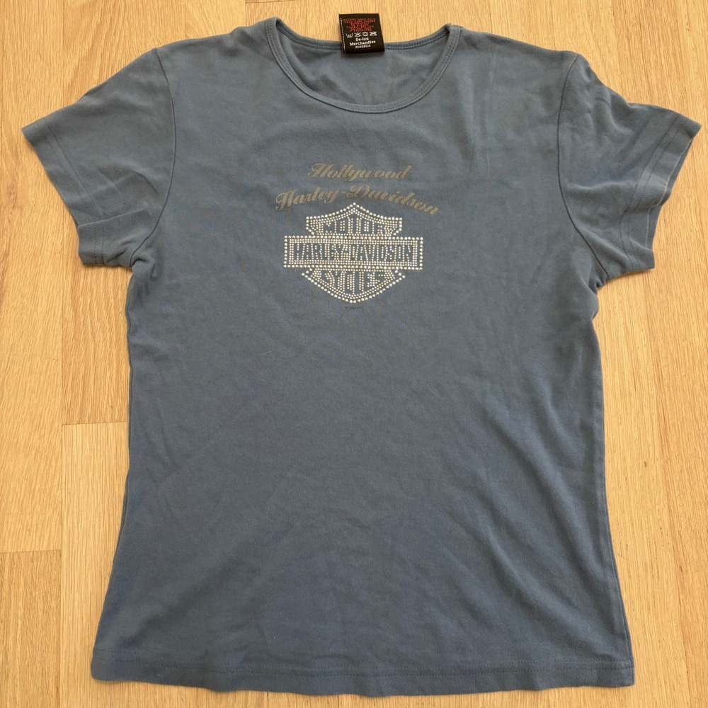 Harley-Davidson Graphic T-Shirt Womens Large Blue Excellent Rhinestone Logo